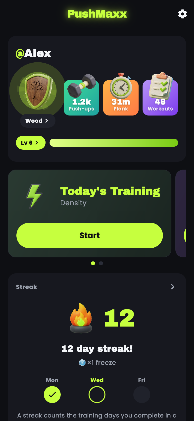 PushMaxx iPhone home screen with Training, Drill, Campaign, and Battle